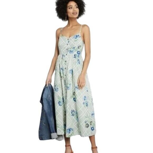 NWT ModCloth Light Green & Blue Floral Maxi Dress L - Picture 2 of 13